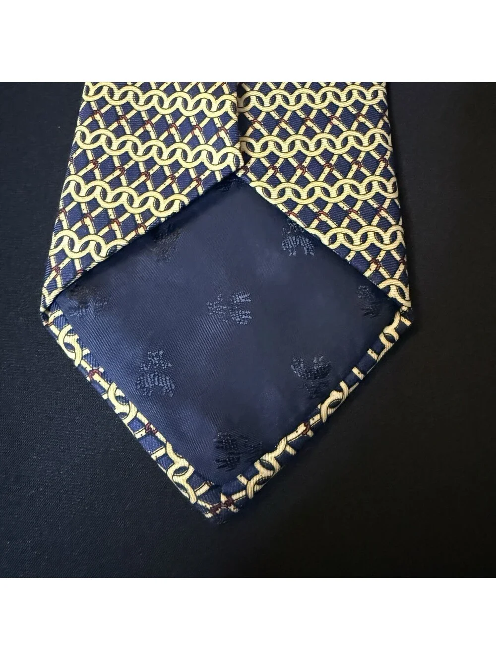 Brooks Brothers Makers Navy Gold Chain Link Pattern Silk Tie 59” x 4” USA